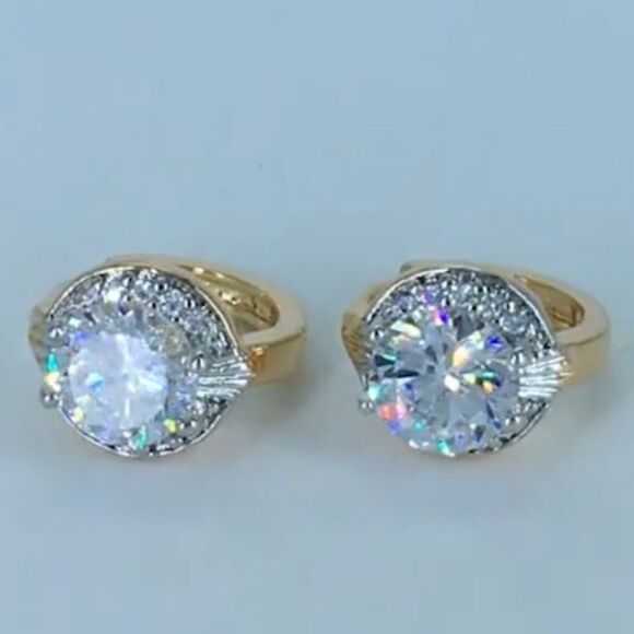 14K Yellow Gold with White Diamond Cubic Zirconia Halo Huggie Hoop Drop Earrings - Picture 6 of 13